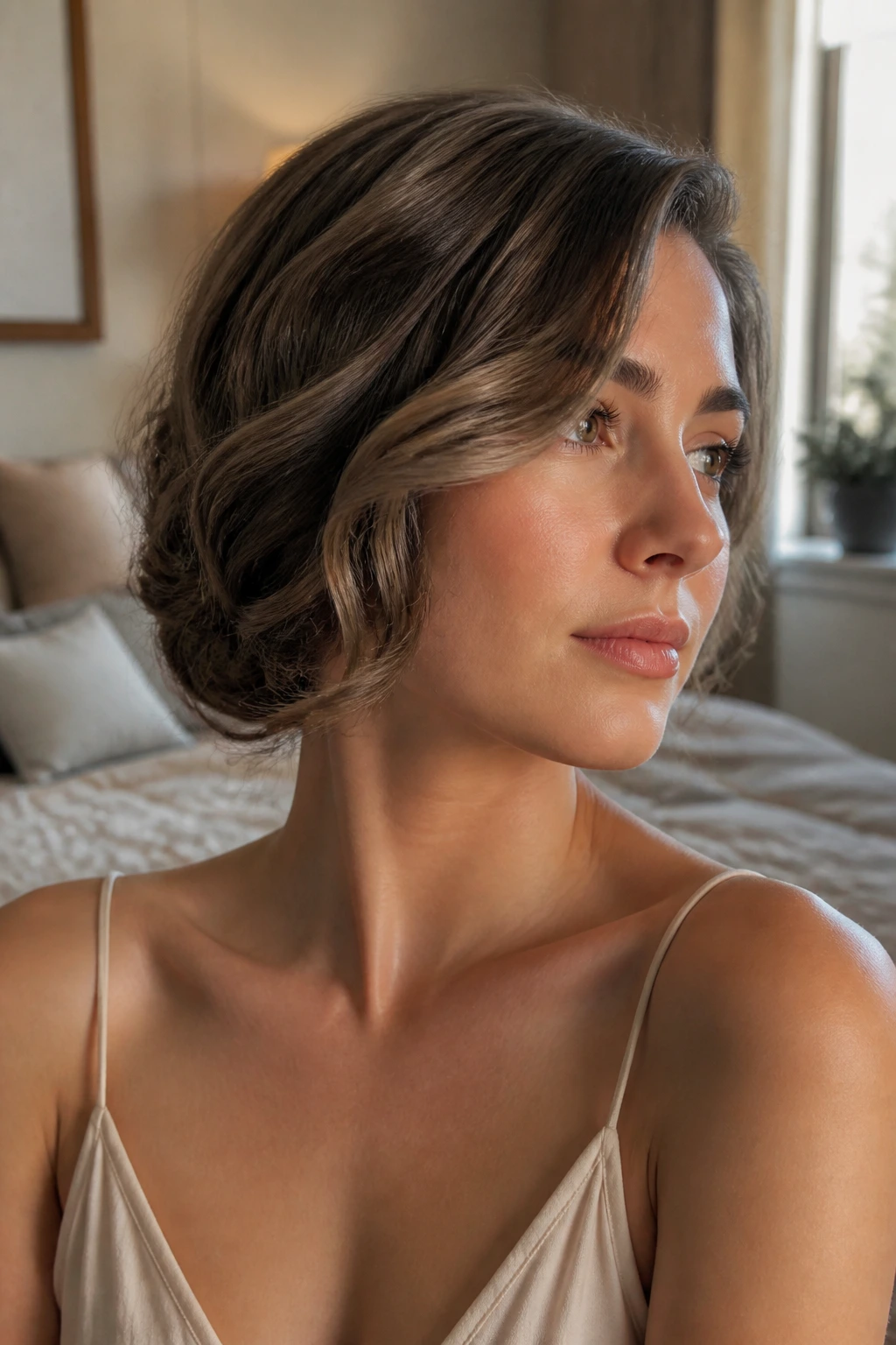 Close-up of a real woman with a faux bob tucked under hairstyle