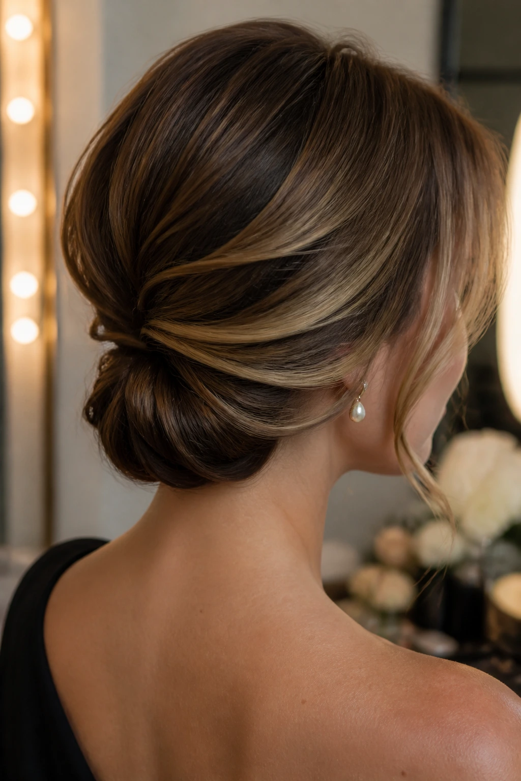 Close-up of a real person with a tucked faux bob from the back/side