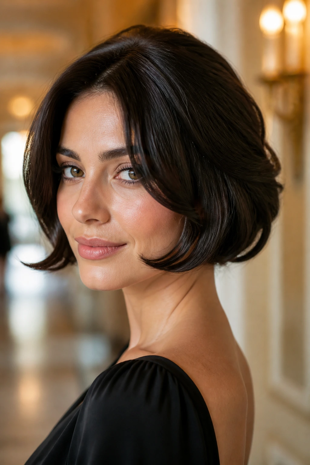 Close-up portrait of a woman with a faux bob updo in a hall