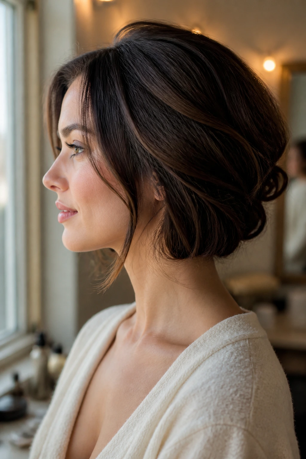 Side profile of faux bob updo with tucked ends on real woman