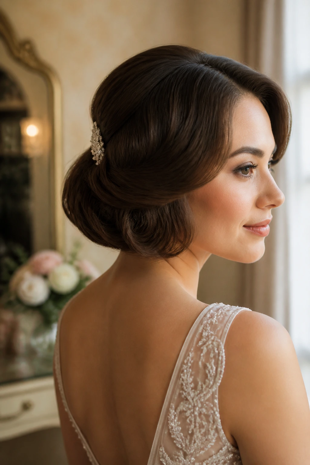 Close-up of a bride's faux bob updo with tucked ends