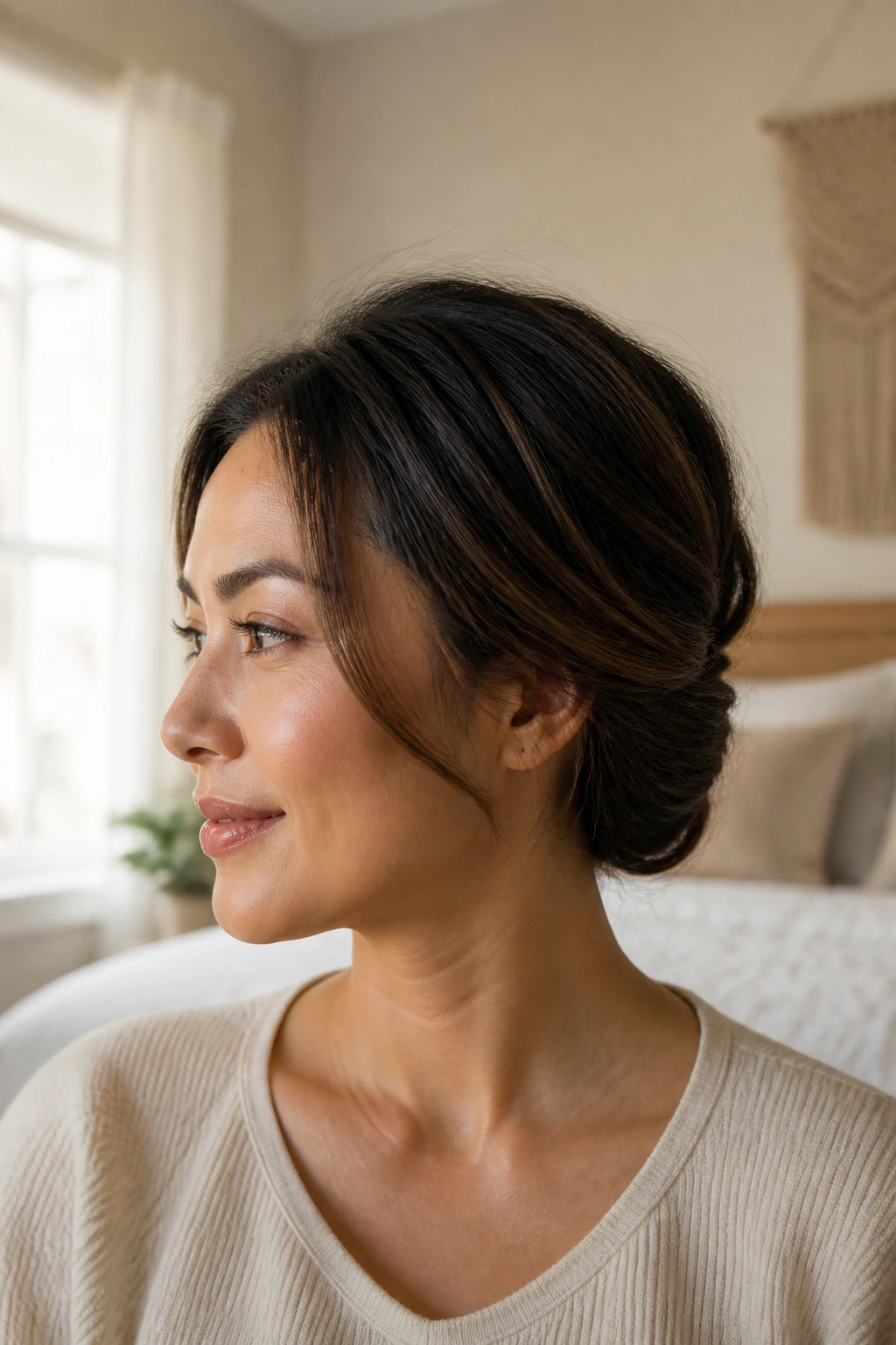 Close-up of a real woman with faux bob twist-up hairstyle tucked at the nape