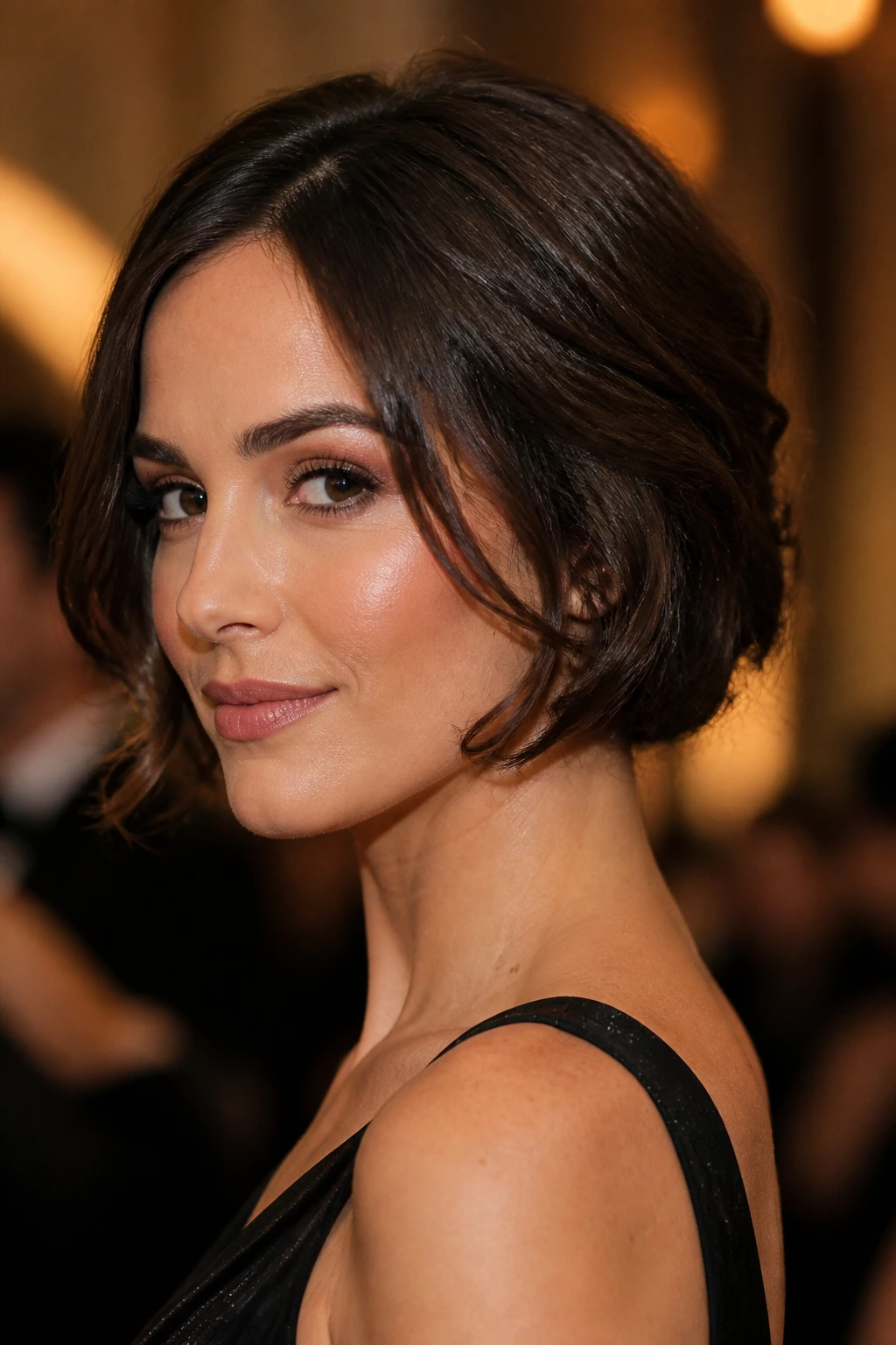 Close-up of a real woman with a faux bob updo on shoulder-length hair at an event