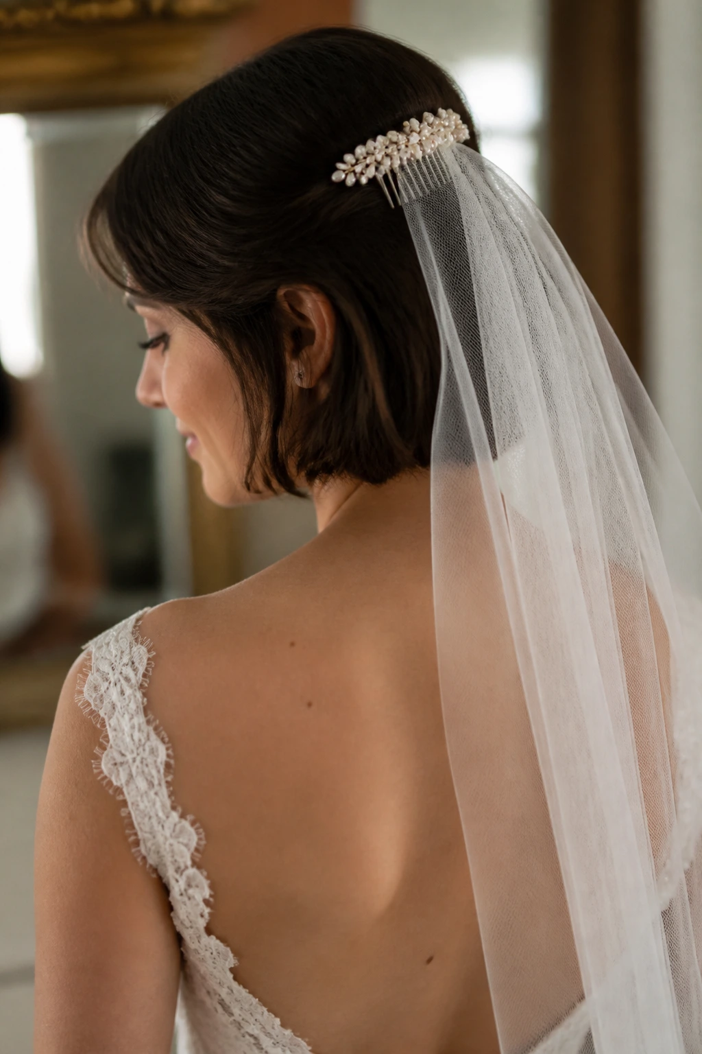 Real bride with tucked-under faux bob and veil comb at the nape