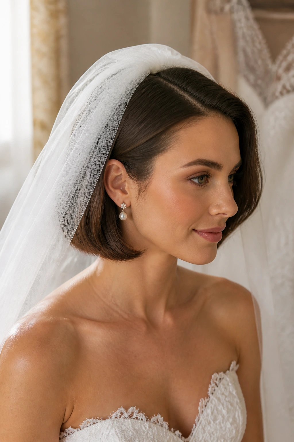 Bride with a faux bob silhouette under a veil, side profile