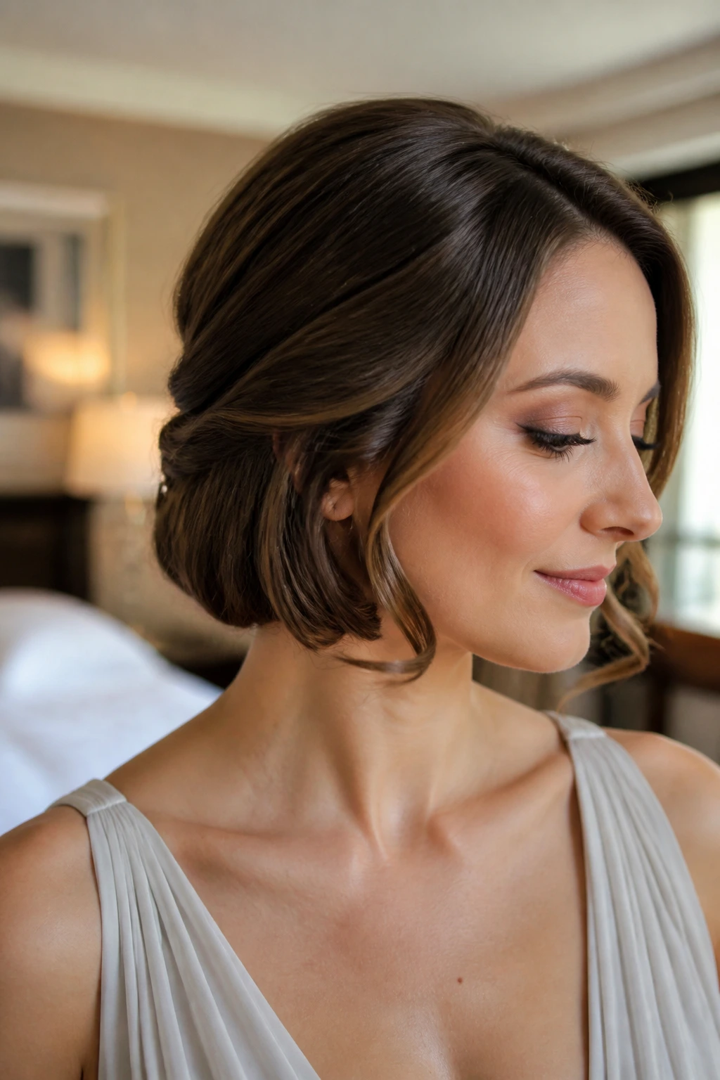 Portrait of a real woman with a faux bob created by hidden pins on lob hair.