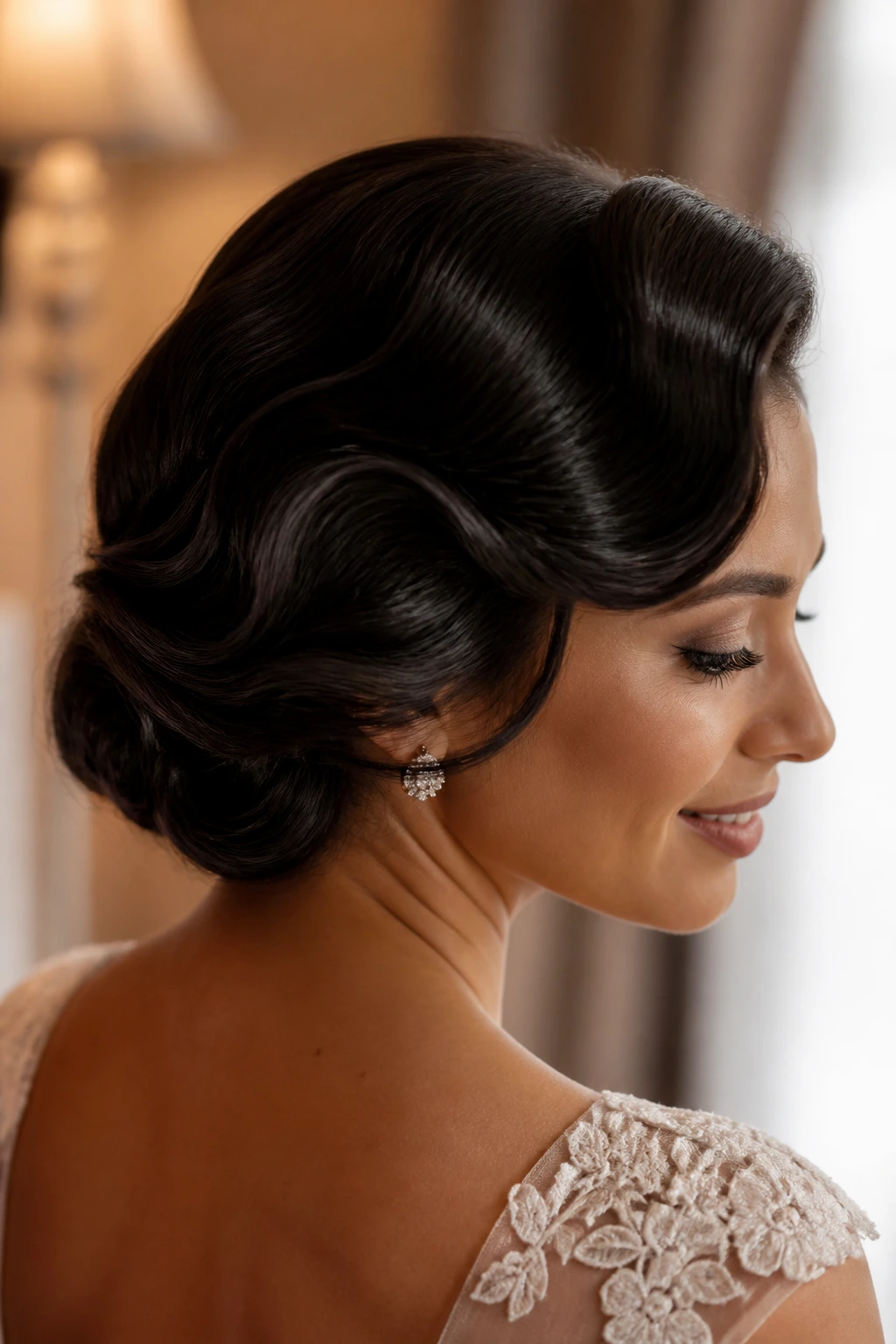Bride with faux bob and polished waves in a bridal suite