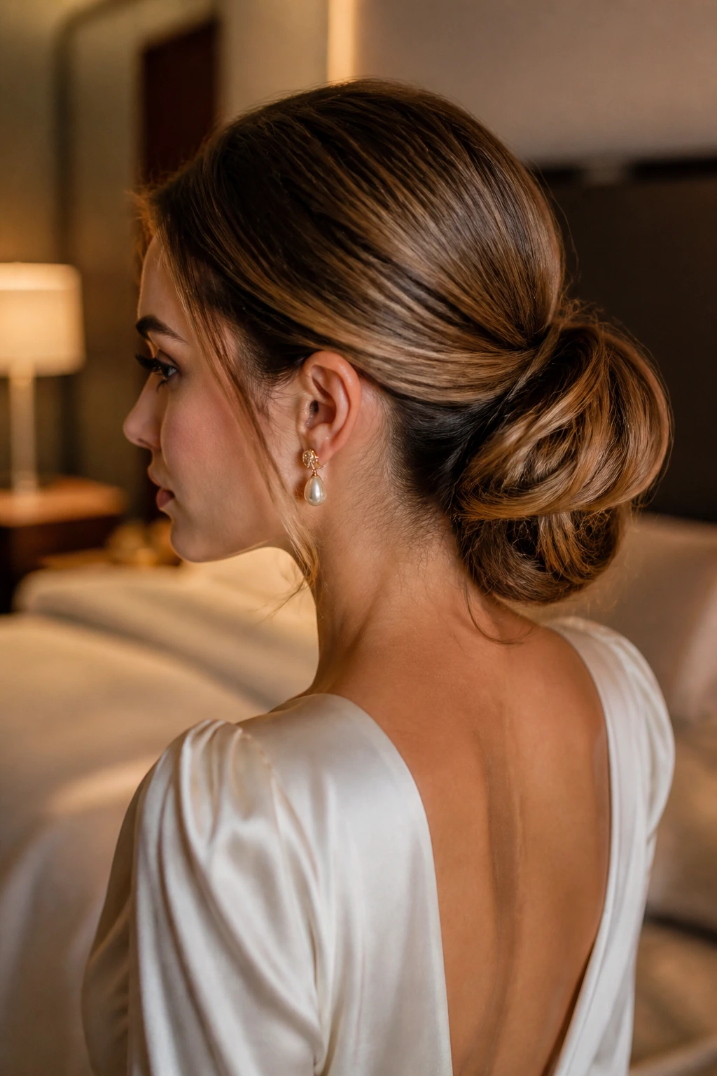 Close-up of a woman with faux-chignon pony