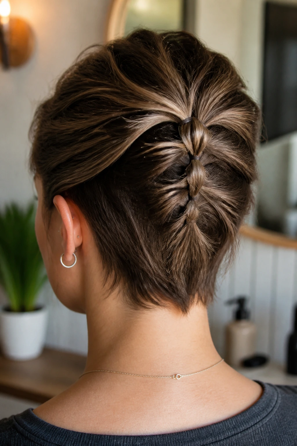 Close-up portrait of a real person with short hair in a compact faux fishtail
