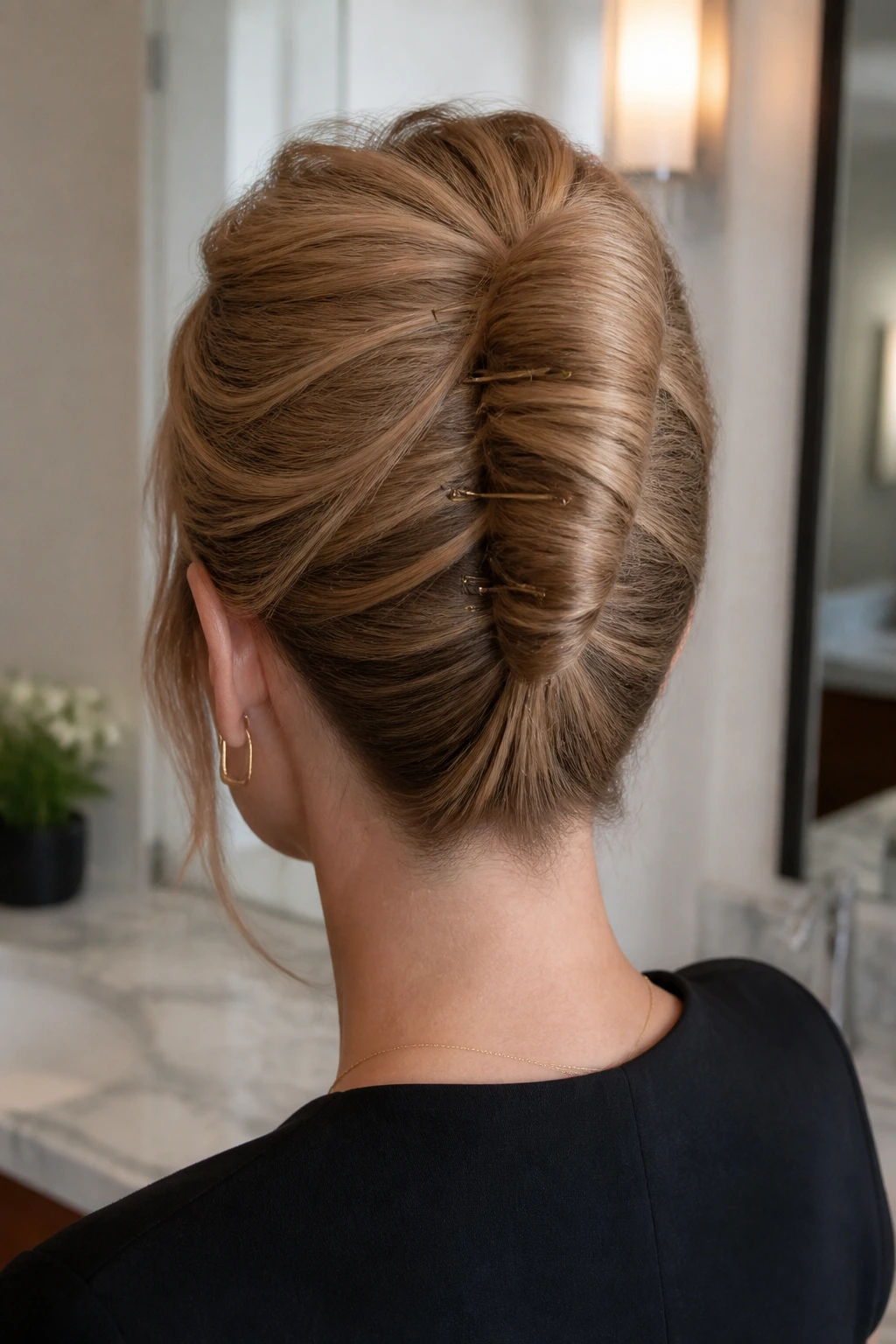 Back-of-head close-up of a real woman with a faux French roll bun secured by pins