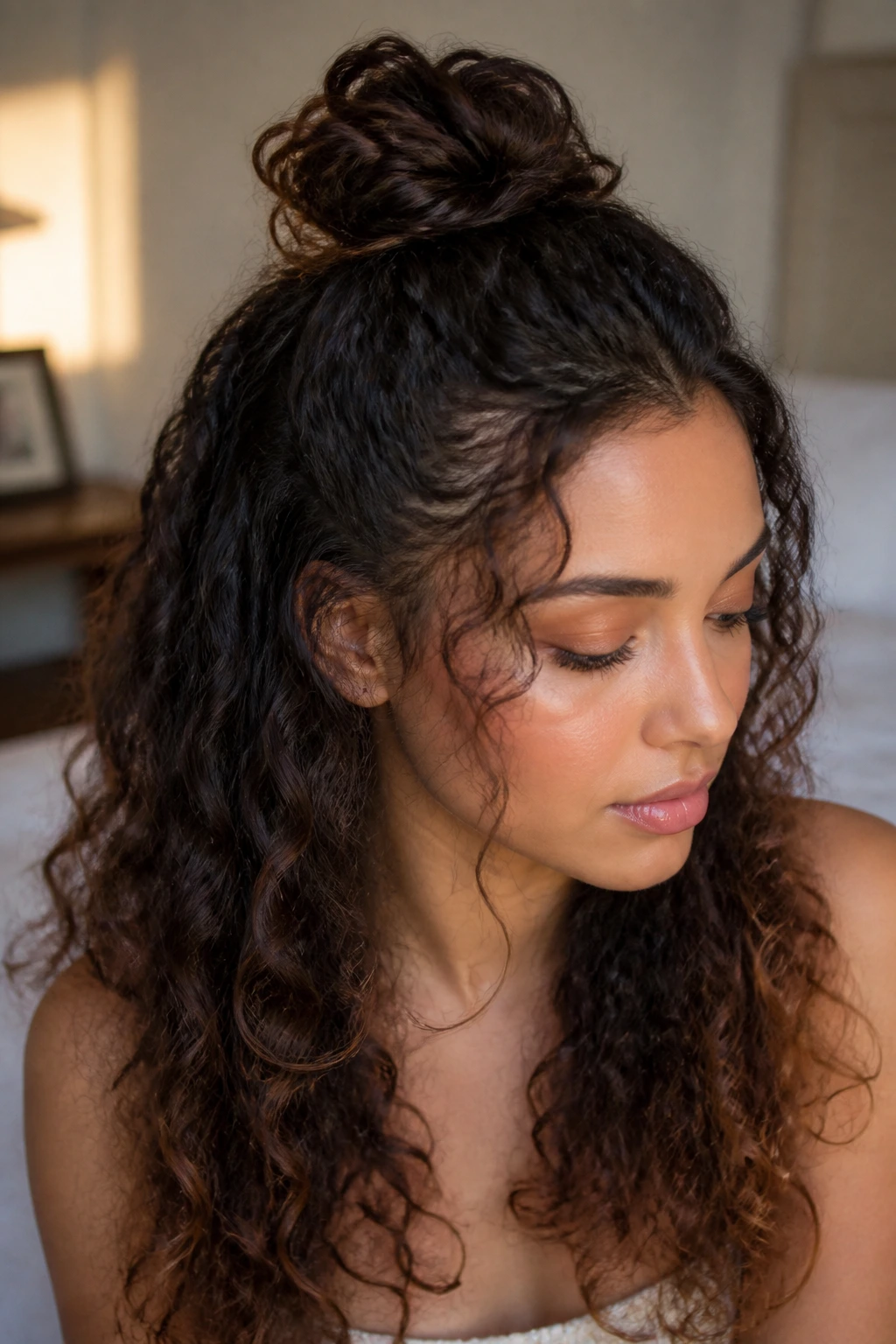 Close-up of a real woman with a faux half-up knot at the crown.