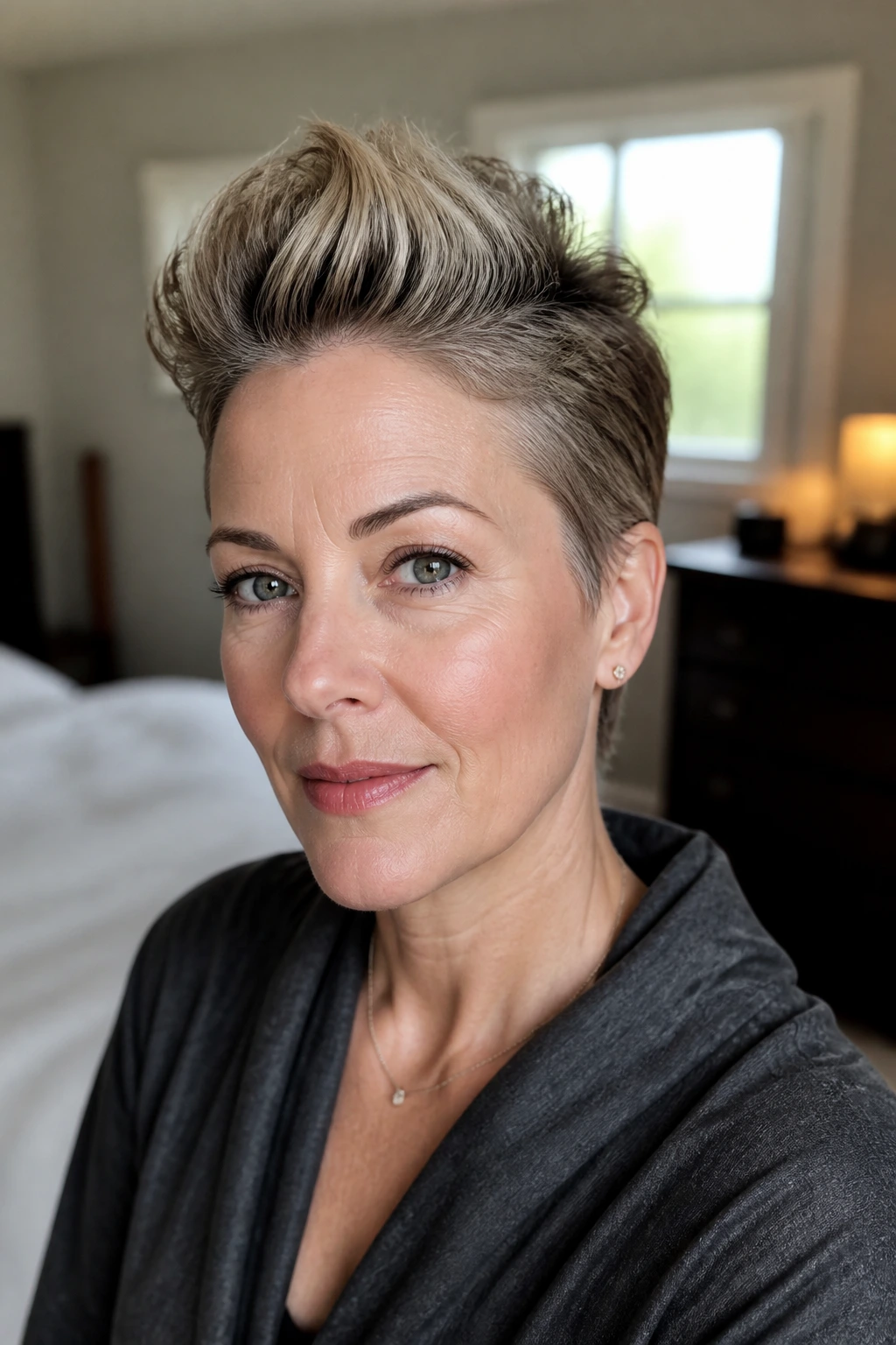 Close-up portrait of a real woman with a subtle crown faux hawk under warm window light