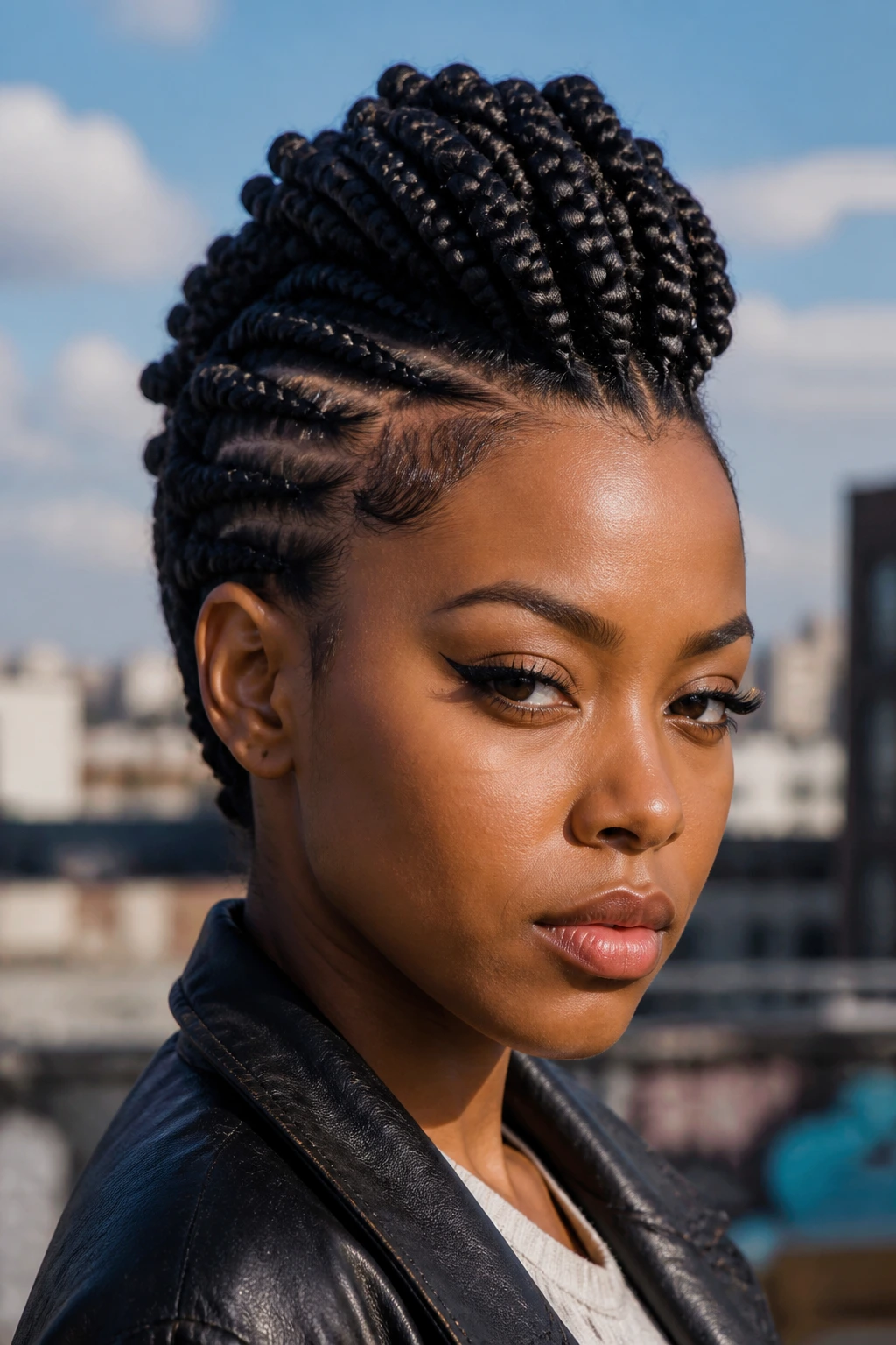 Close-up of a real woman with faux hawk box braids showing center ridge