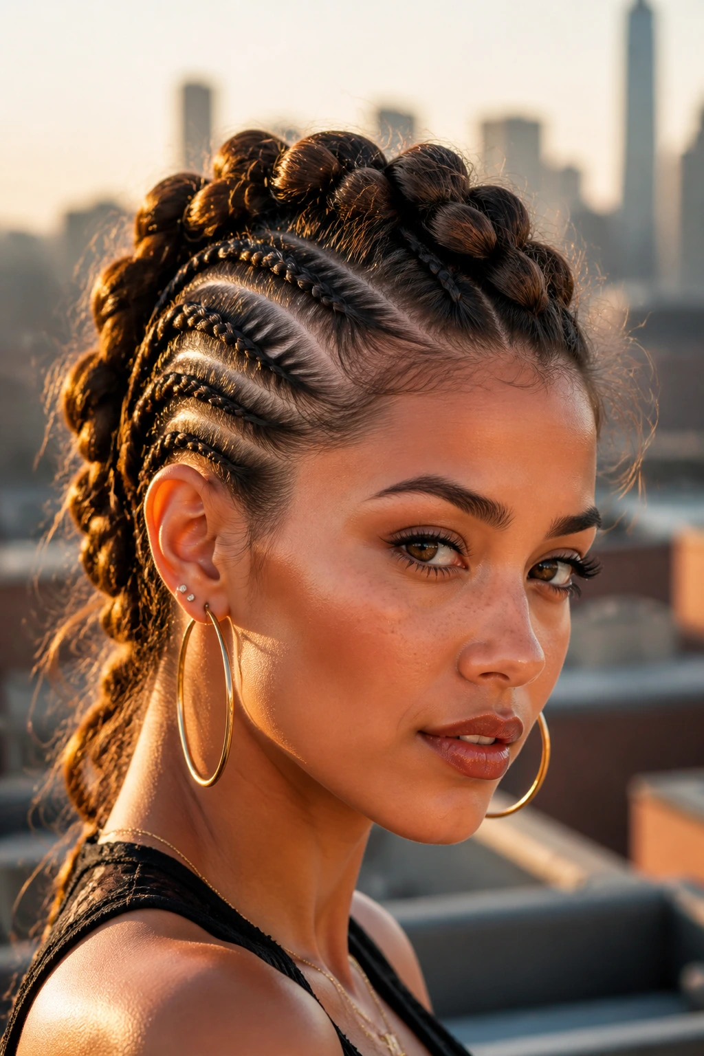 Close-up of woman with cornrows temples and center Dutch braid forming a mohawk mix