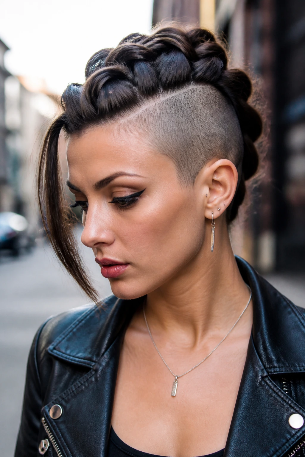 Portrait of a person with asymmetrical faux hawk braid and shaved side.