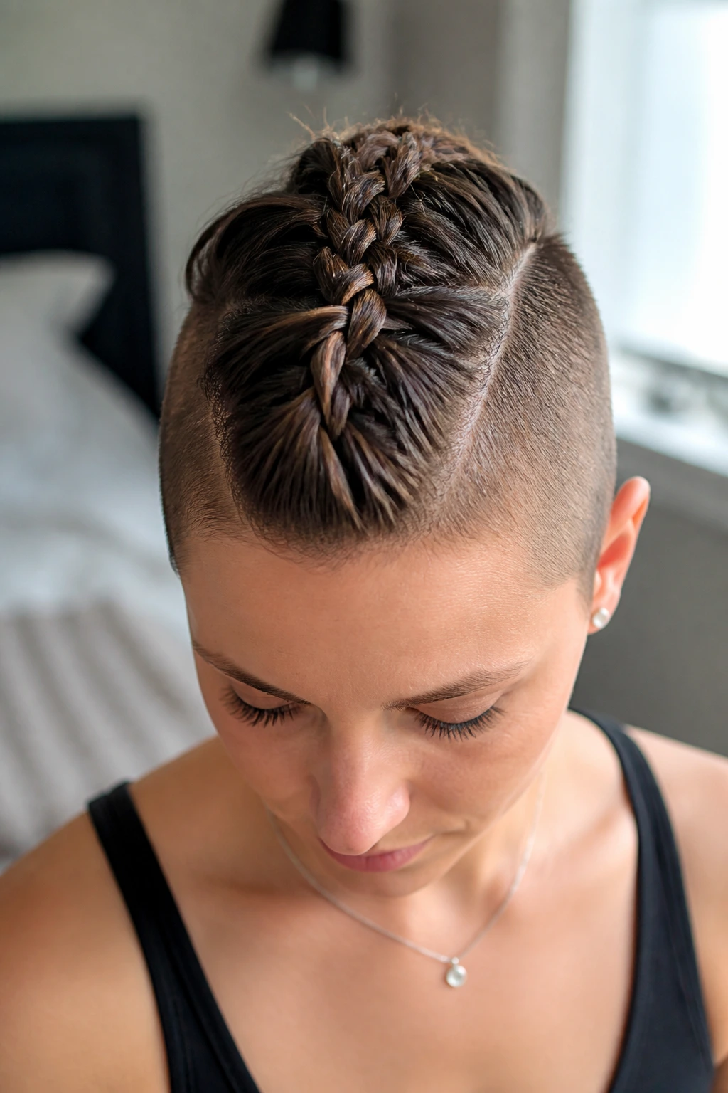 Close-up of a real person's head showing a faux hawk French braid on short hair