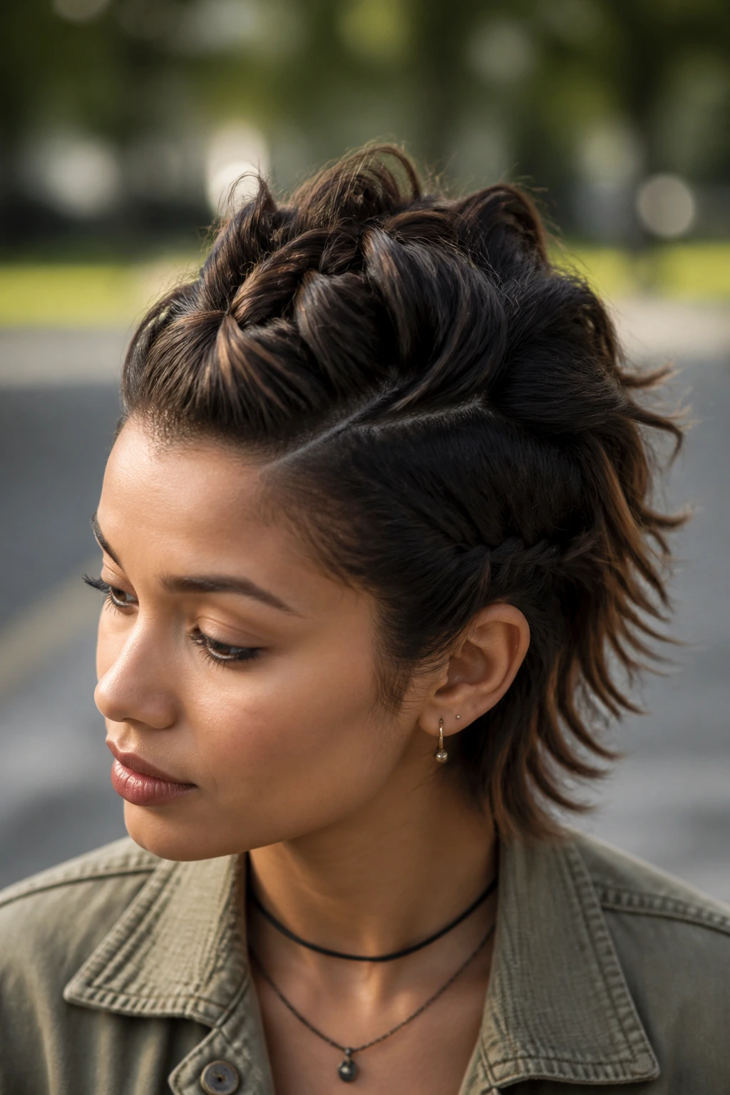 Close-up of real woman with faux hawk braid and raised center