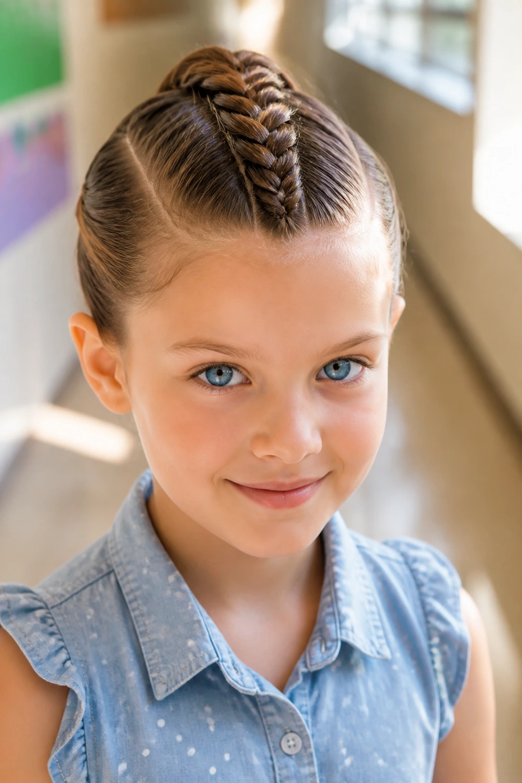 Close-up of a real girl's faux hawk braid updo with central braid and pinned sides in a sunlit indoor space.