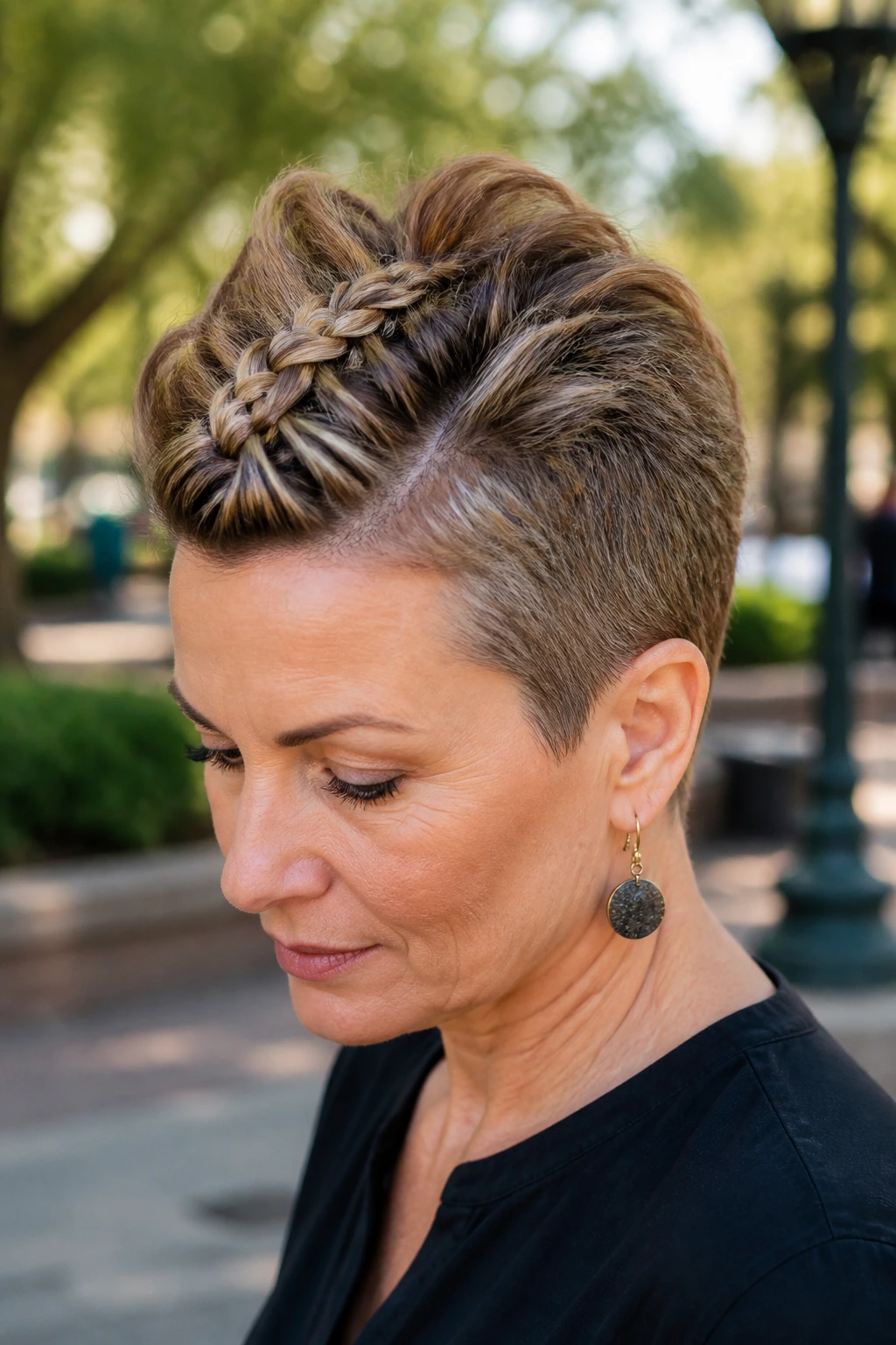 Portrait of woman with braided crown hawk in outdoor setting