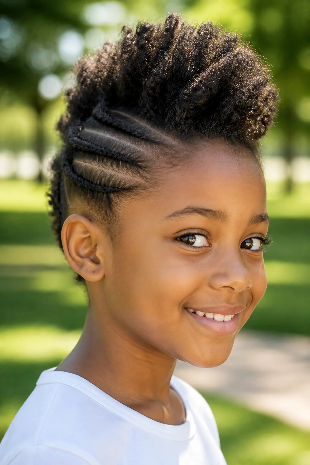Close-up of a child with a faux hawk and braided sides