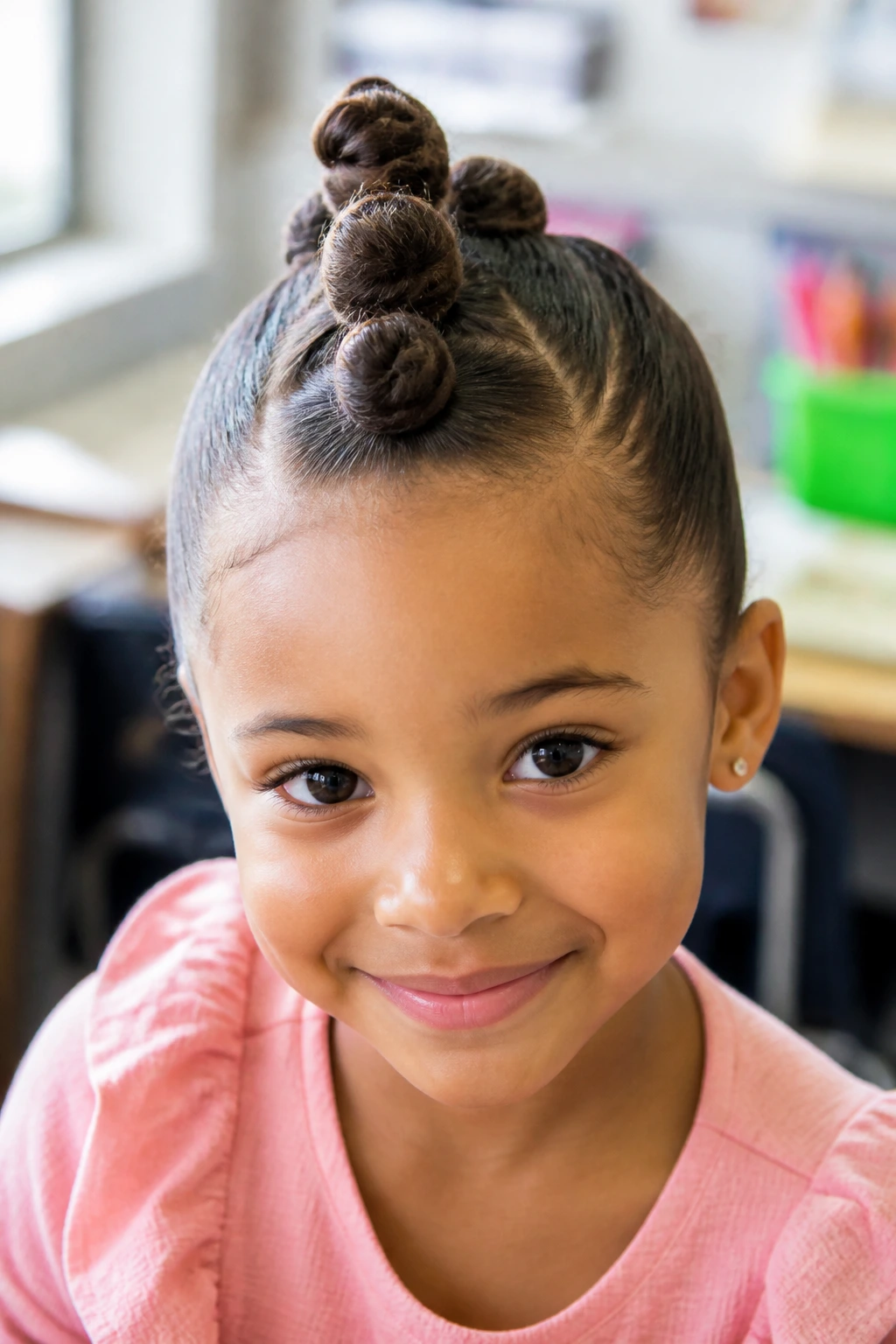 Medium close-up of a girl with a row of buns down the center of the head