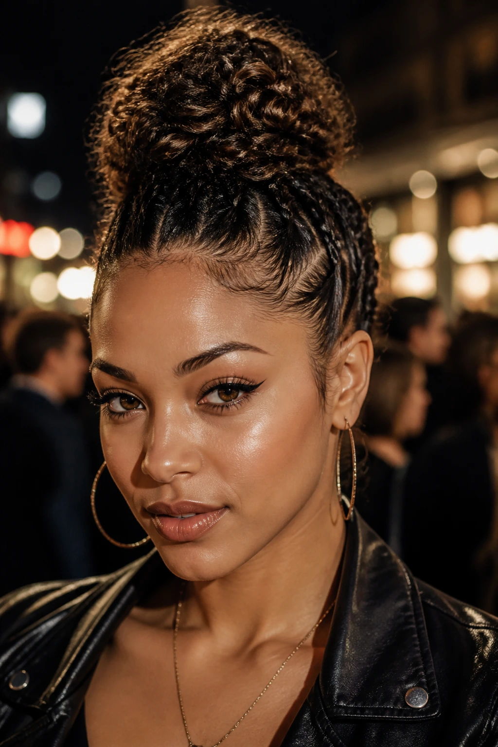 Close-up of Faux-Hawk Bun with center crown and side twists in urban setting