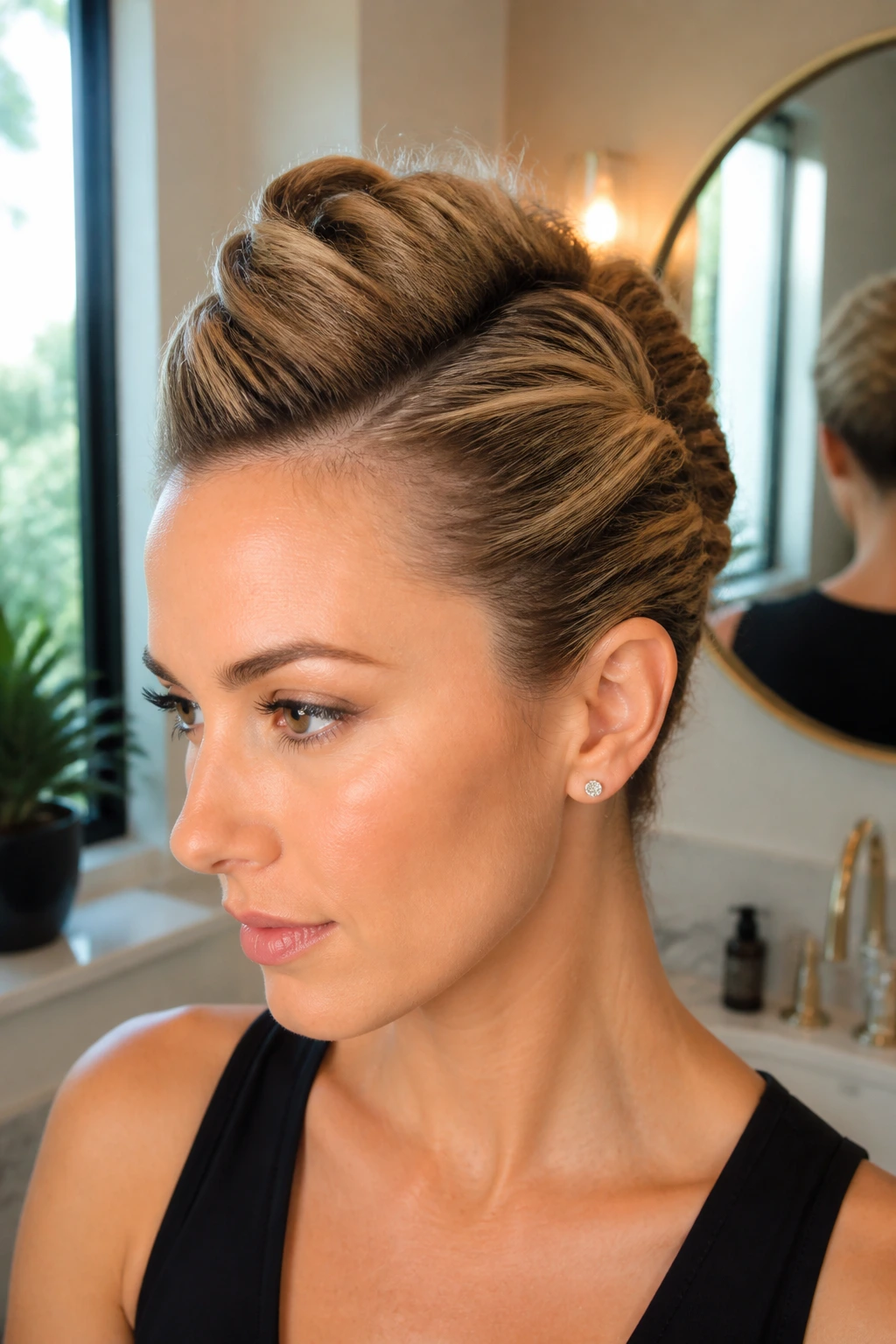 Close-up of a real woman with a twisted faux hawk bun.