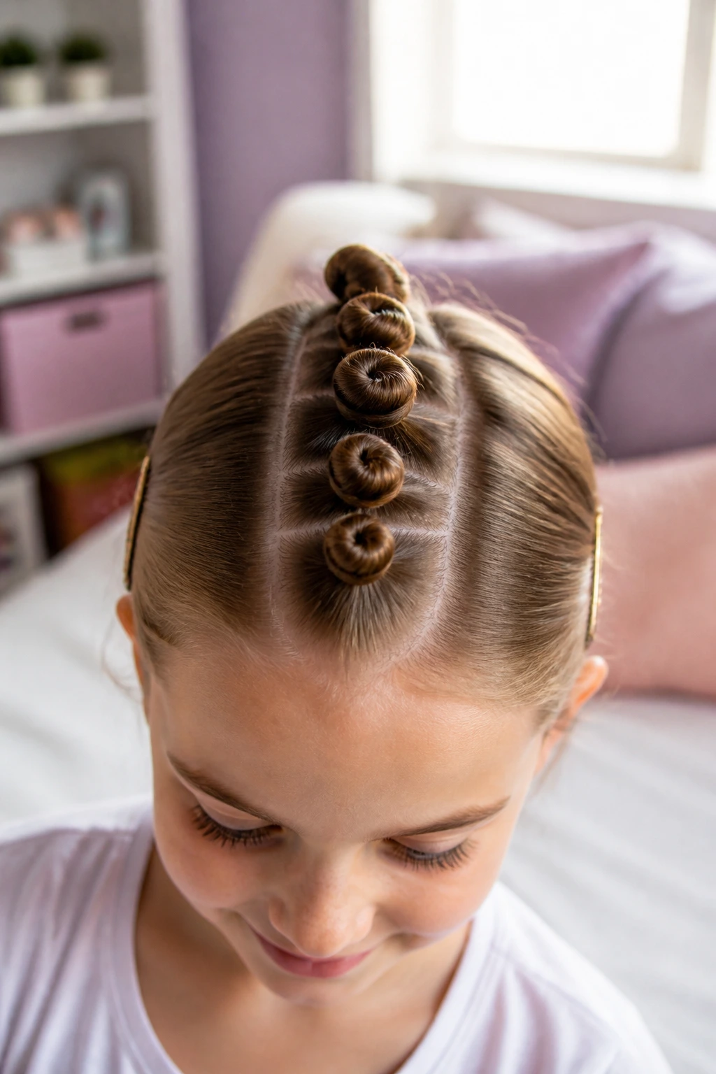 Close-up of a child with a center row of tiny faux-hawk buns in a sunlit bedroom