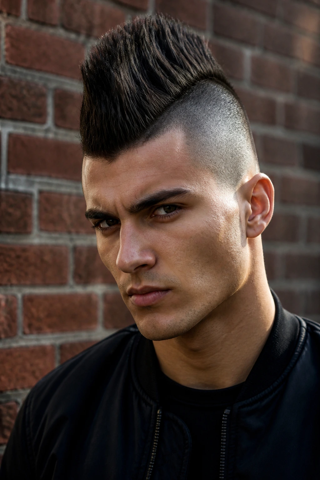 Close-up of a real person with a Faux-Hawk Chelsea Cut showing tall center ridge and tight sides.