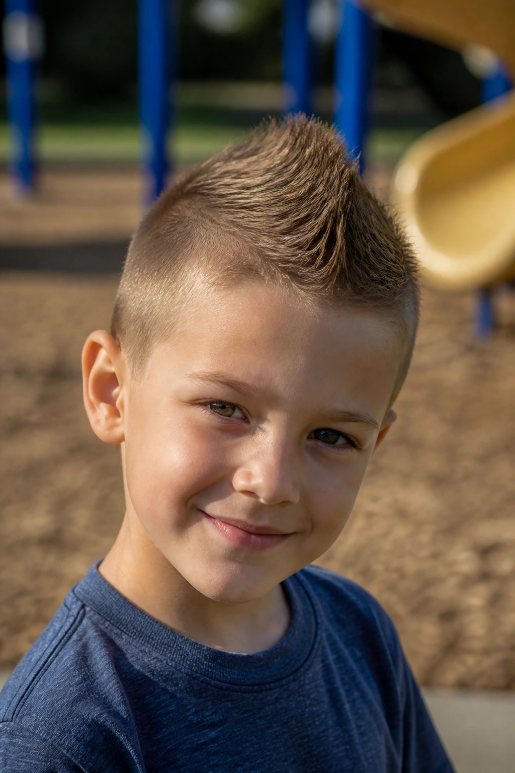 Child with faux hawk showing upward ridge in playground daylight.