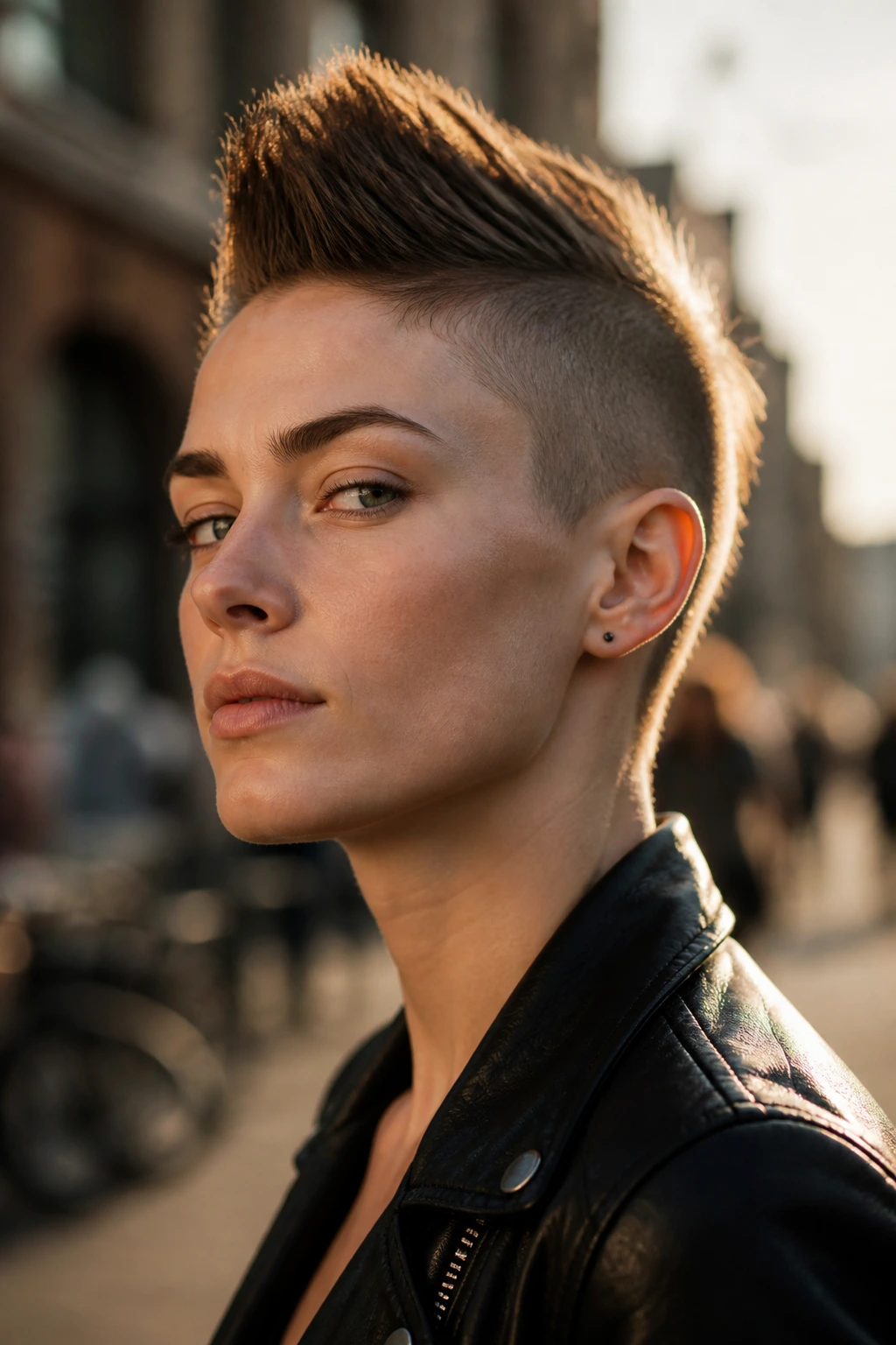 Portrait of a person with a faux hawk crop in an urban setting