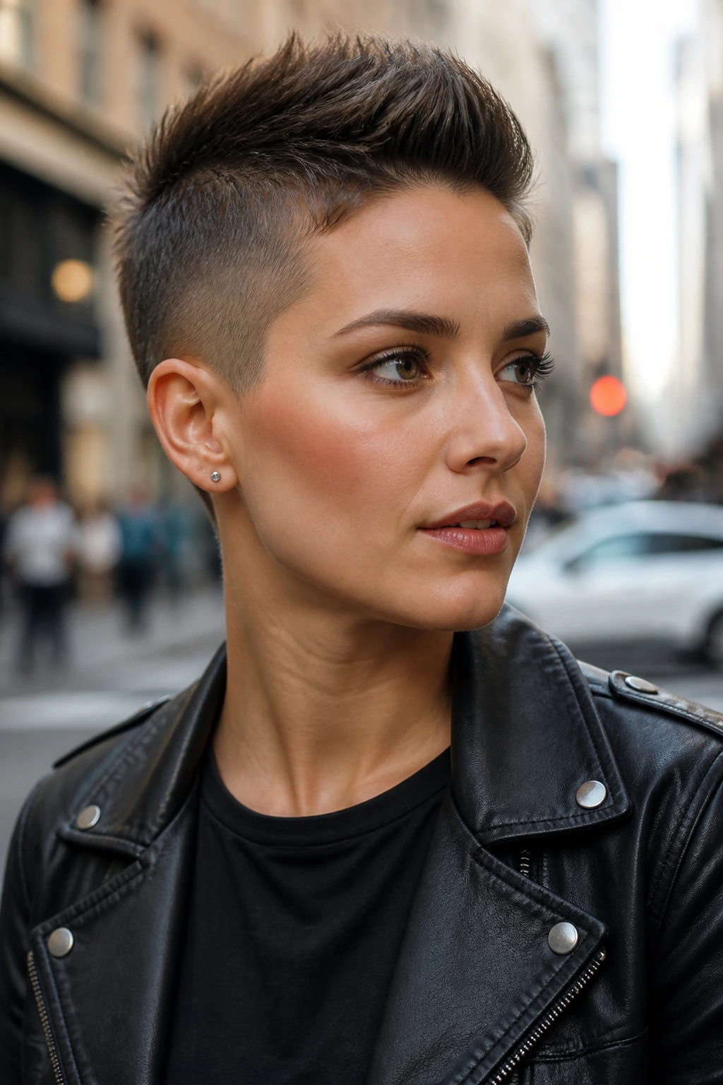 Three quarter view of a real person with a faux hawk crop