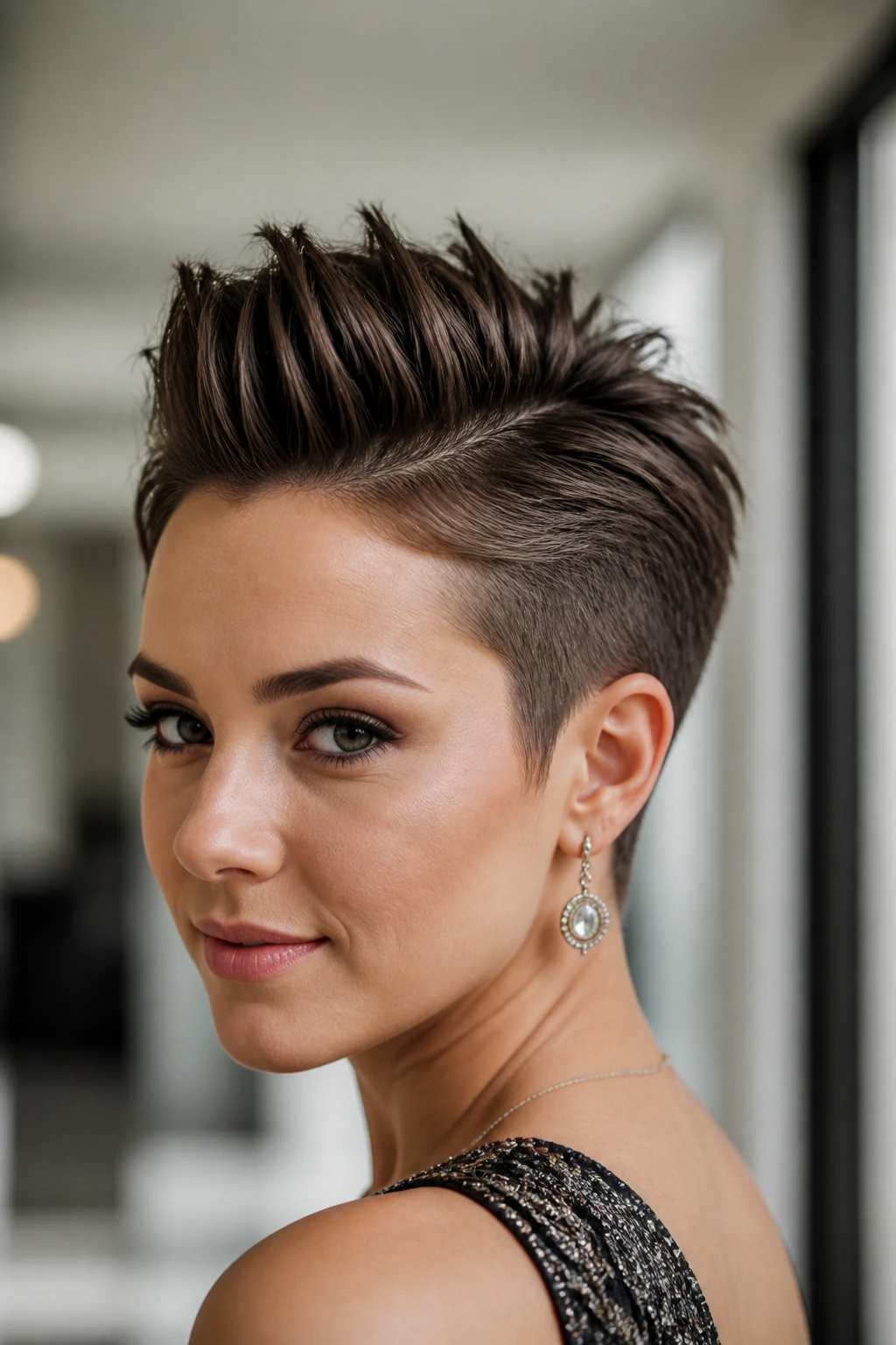 Close-up portrait of a real woman with a faux hawk and crown lift