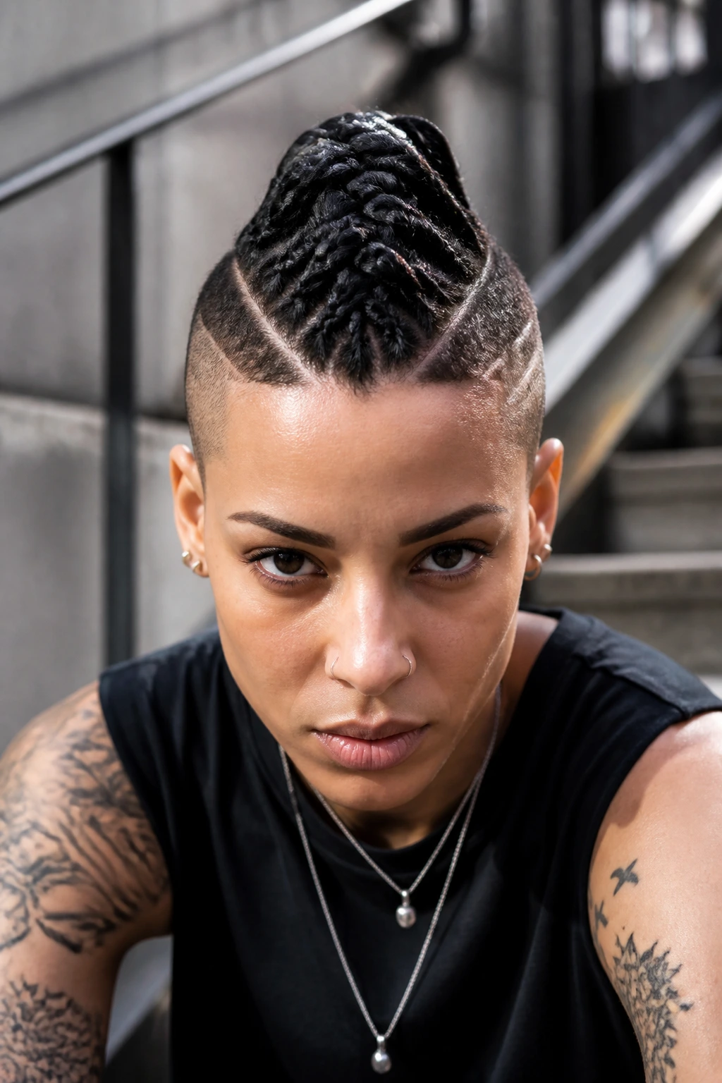 Top-front view of faux hawk braid crown with shaved panels on a real person