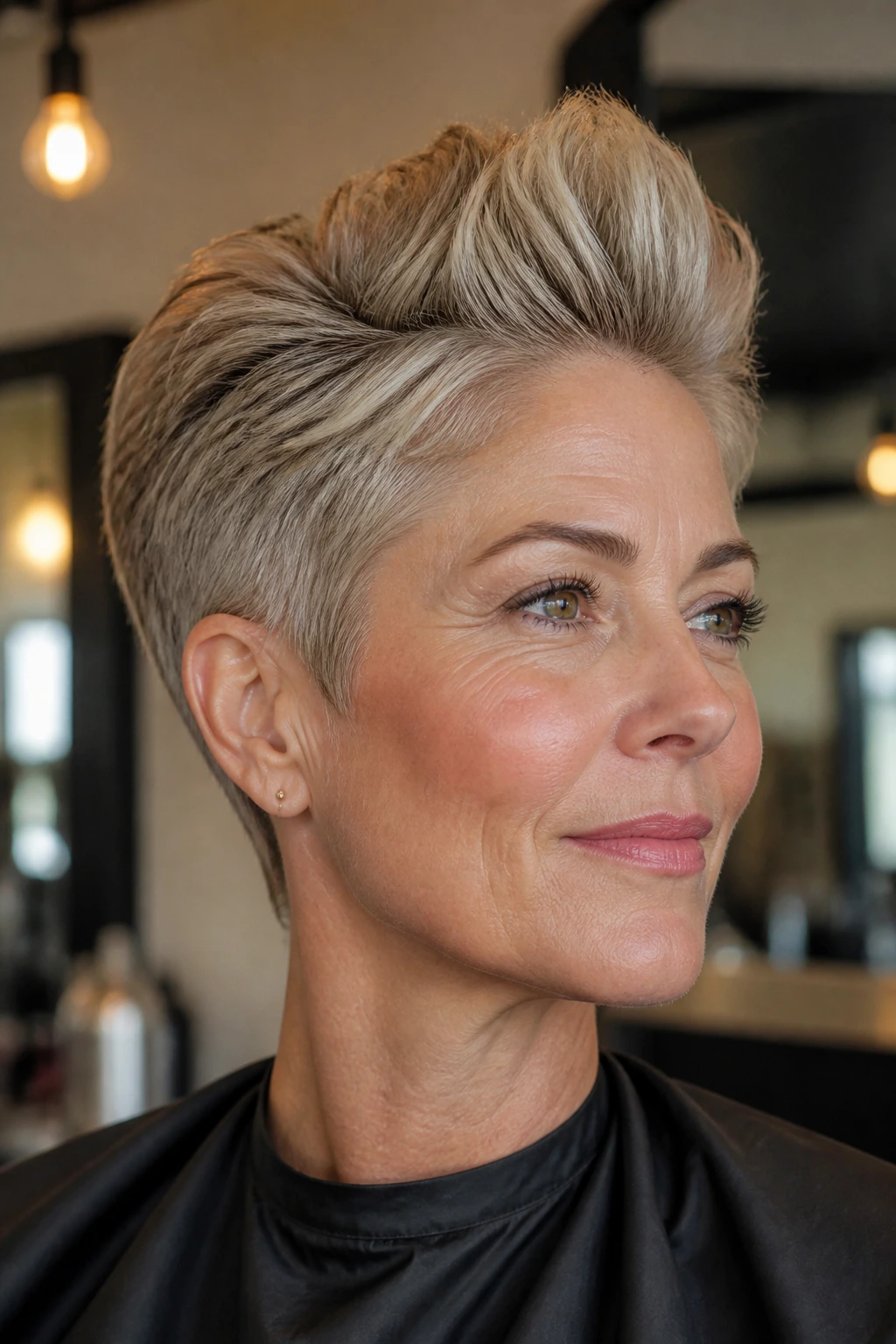Real woman close-up with crown-up faux hawk in salon setting