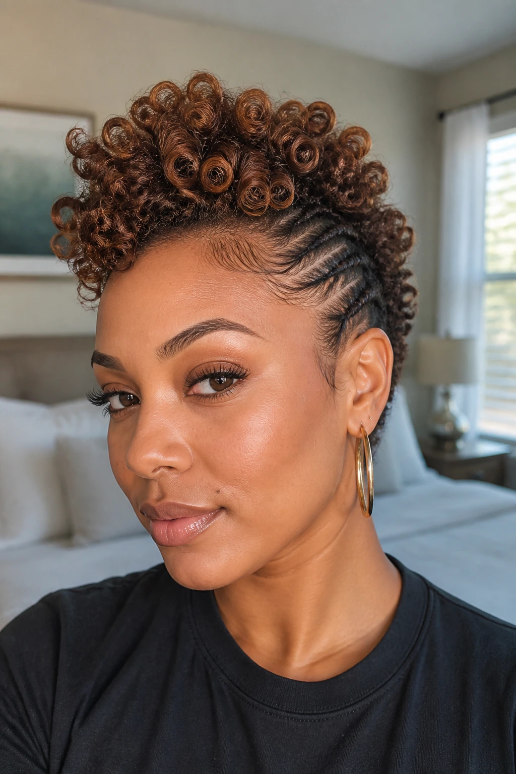 Portrait of a real person with curly crown twist faux hawk, curls forming a crown on top