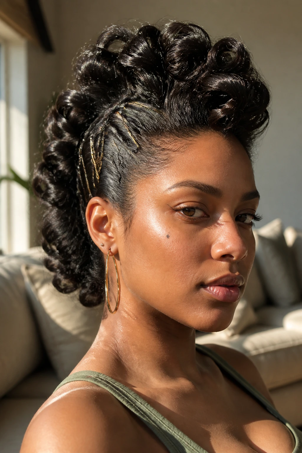 Close-up of a real woman with a centered ridge of curls and pinned-back sides.
