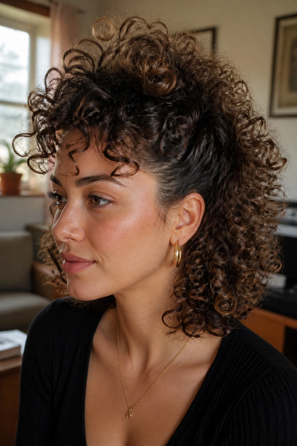 Close-up portrait of a real person with a soft cloud-like faux hawk in warm window light