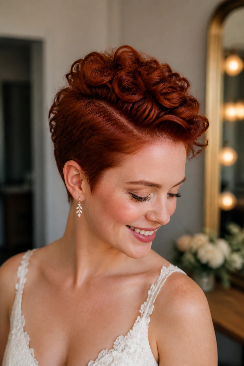 Close-up of a real woman with faux-hawk curls on short red hair.