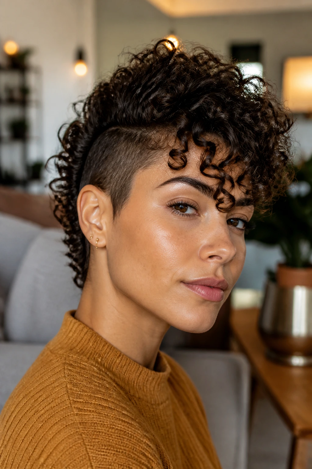 Close-up of real person with curly bangs and hawk rising behind, face framed by curls