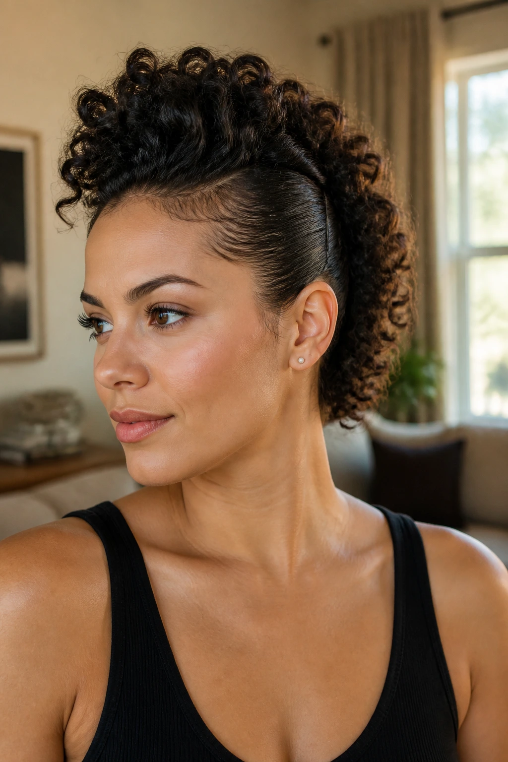 Portrait of a woman with a curly faux hawk and pinned sides.