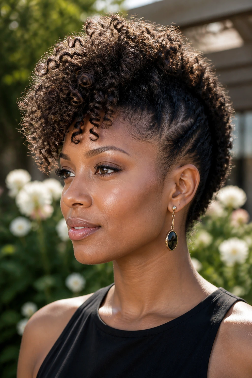 Close-up portrait of a real woman with curly volume faux hawk in natural daylight