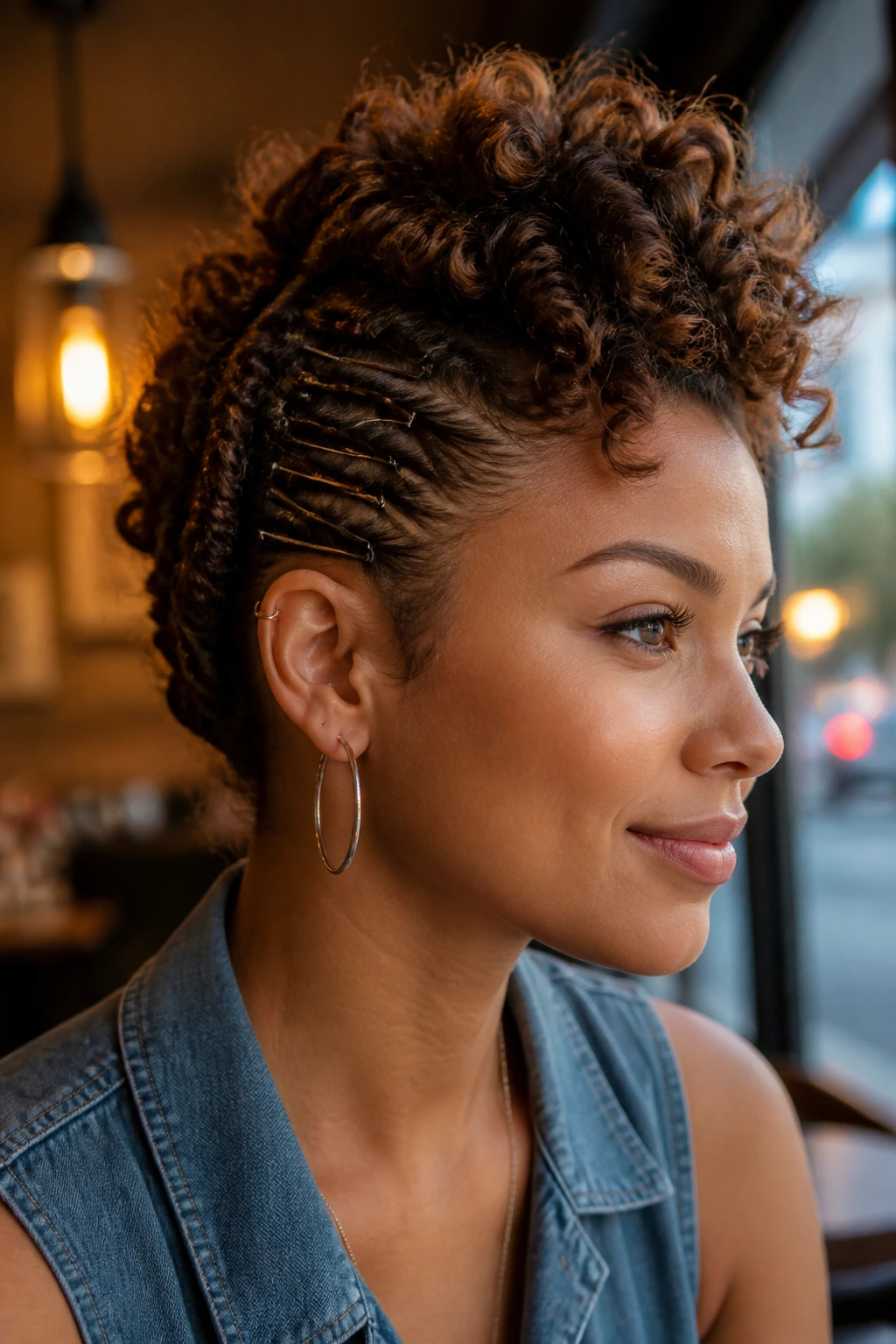 Close-up of a woman with a faux hawk hairstyle secured with curly pins
