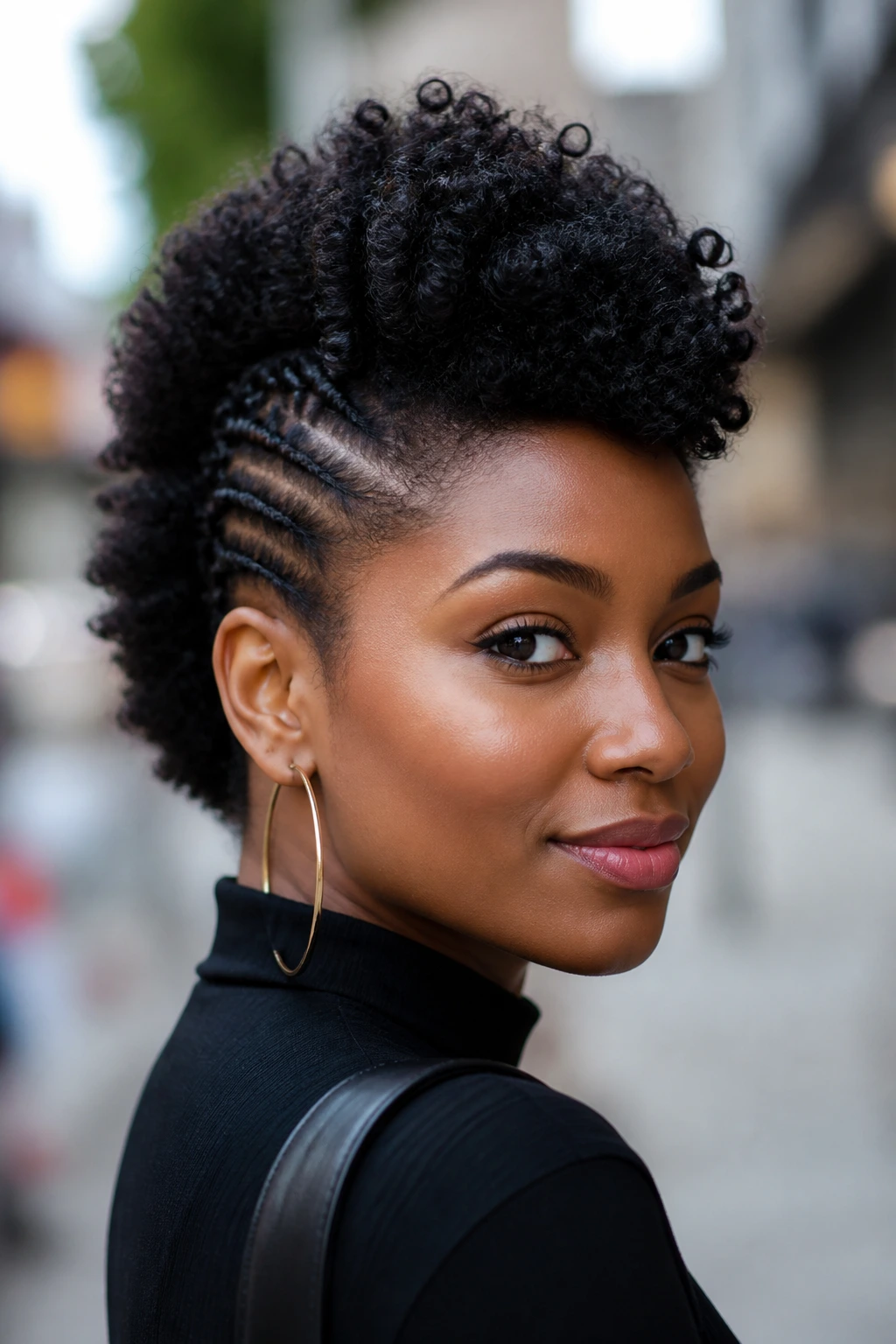 Real woman wearing a faux hawk with curly sides in daylight