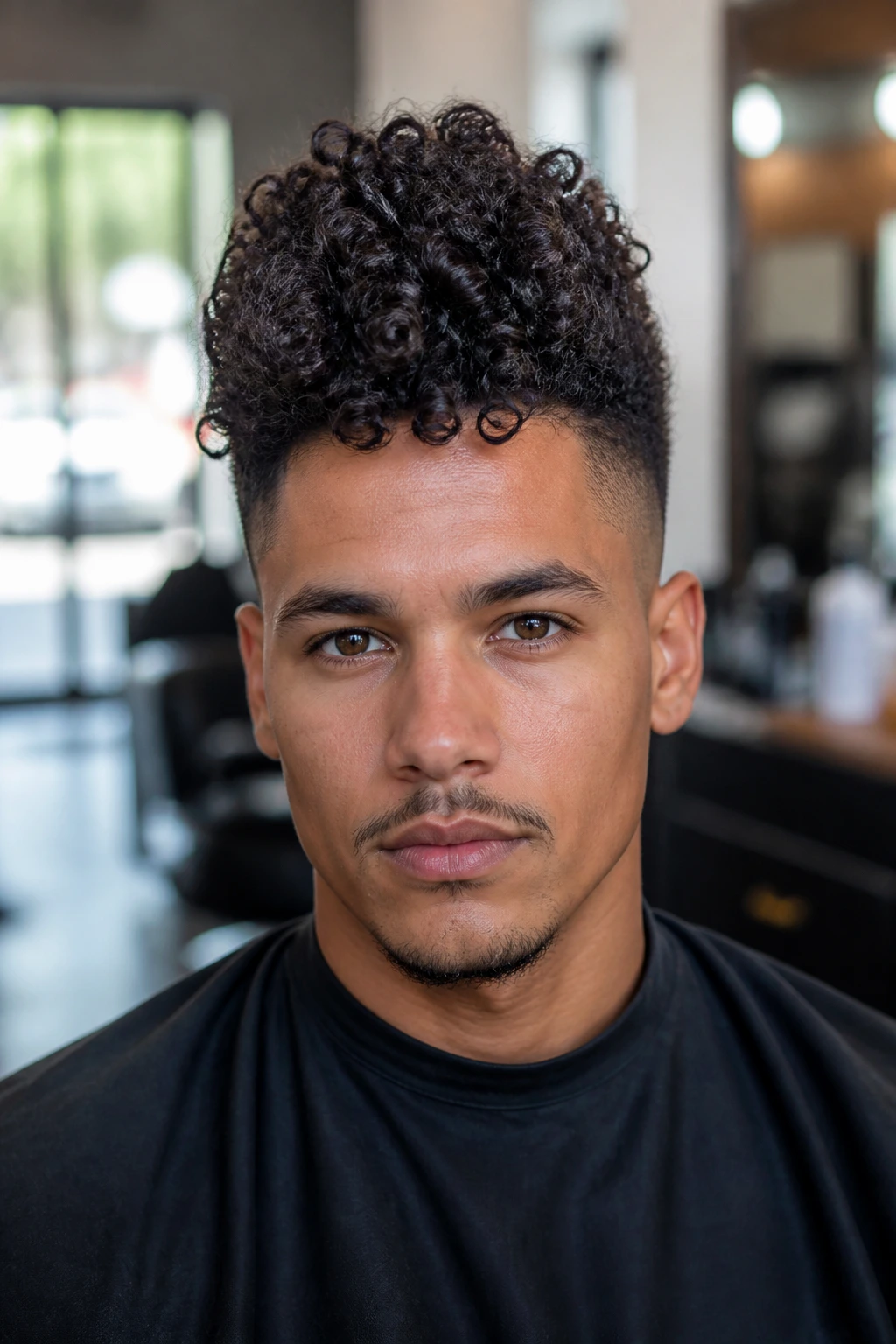 Portrait of a real person with a curly faux hawk showcasing the ridge shape on curly texture
