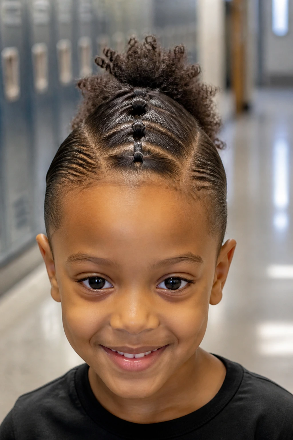 Child wearing a faux hawk created by elastics down the center of the head.
