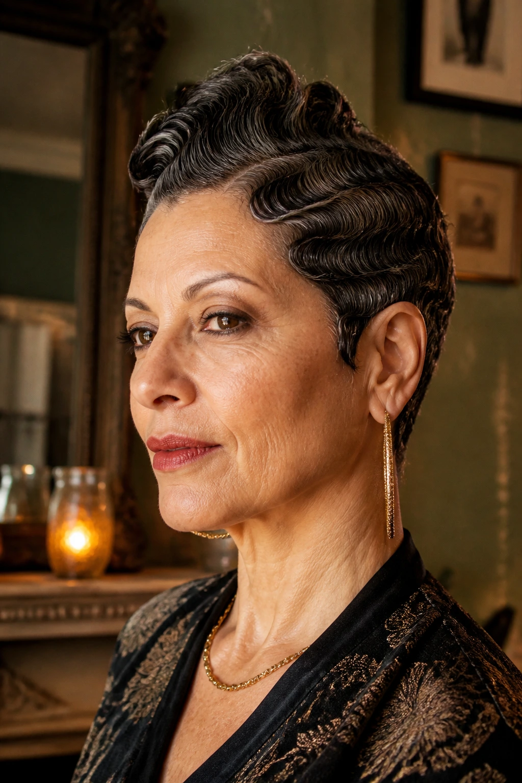 Close-up of a real woman with finger-wave faux hawk