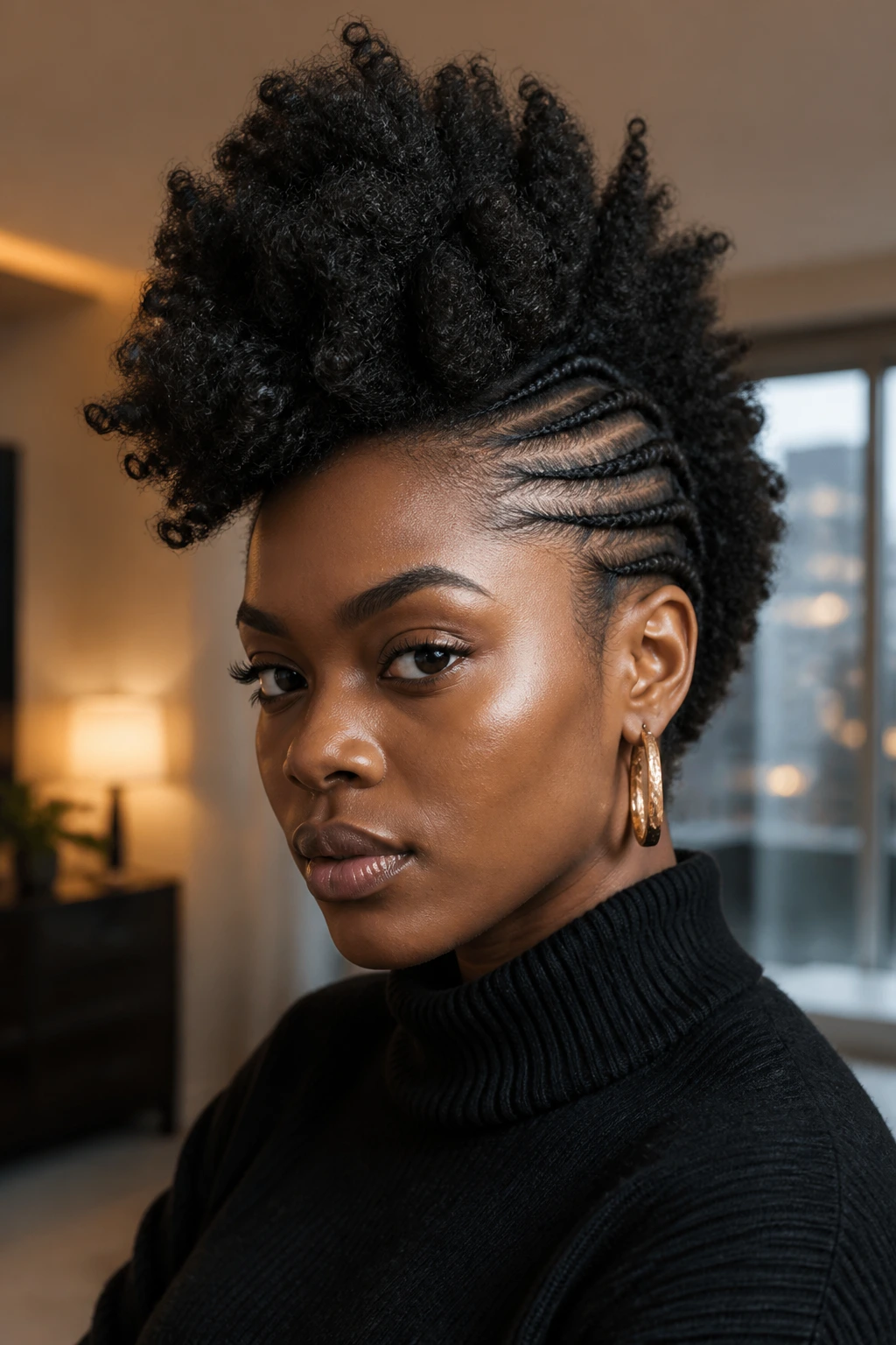 Close-up of real person with a faux hawk and flat-twist sides.