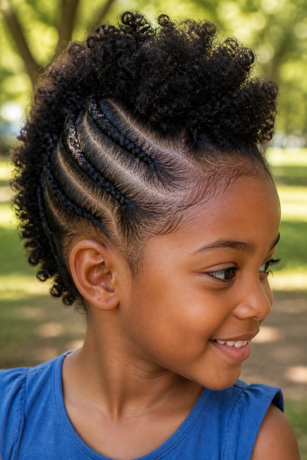 Close-up of a child with a faux hawk formed by flat twists