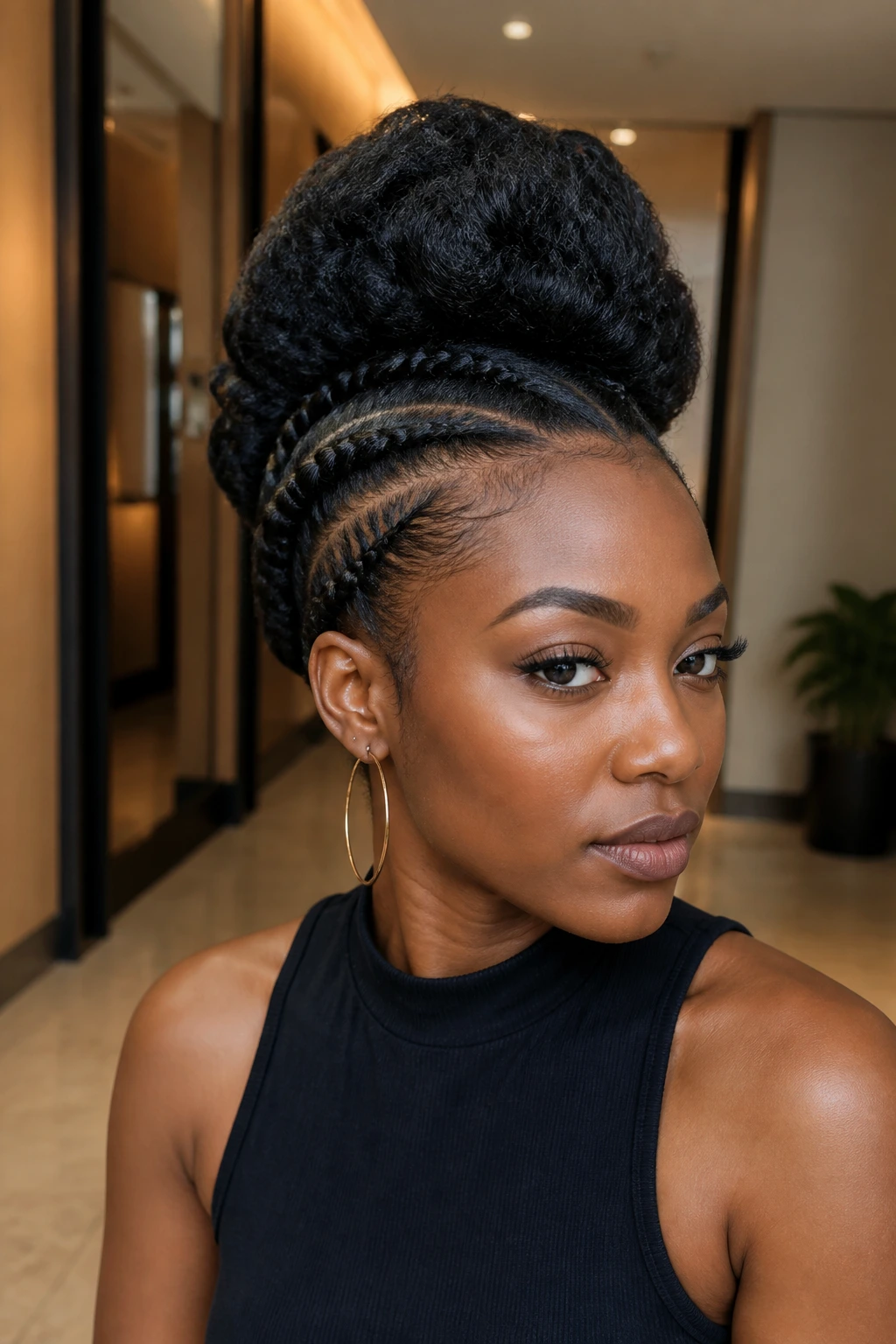 Close-up portrait of a person with a center faux hawk and flat twists